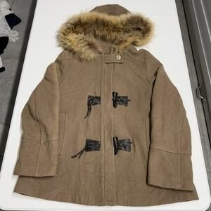 Armor-Lux Tan Wool Blend Duffle Coat Faux Fur Hood Toggle Closure Size 38